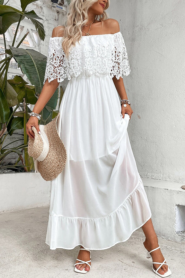 Solid Color Off-The-Shoulder Lace Panel Holiday Maxi Dress