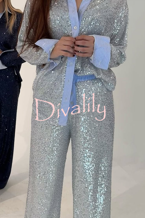 Fashion Sequined Loose Long-sleeved Shirt and Casual Elastic Waist Wide-leg Pants Set