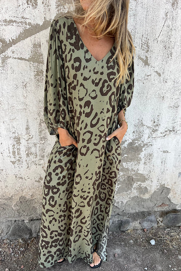 Leopard Print Loose V-neck Pocket Holiday Style Maxi Dress