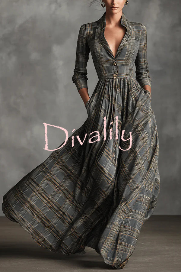 Plaid Print Long Sleeve Slim Fit Casual Pocket Maxi Dress