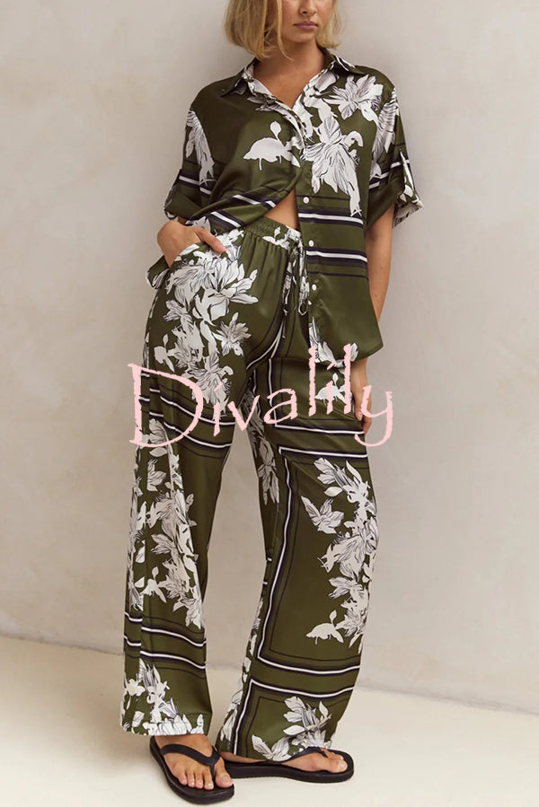 Fashionable Plant Print Loose Lapel Short Sleeve Shirt and Casual Elastic Waist Pocket Pants Set