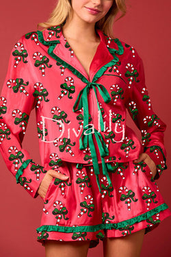 Christmas Holiday Print Bow Tie Long Sleeve and Elastic Waist Loose Shorts Set