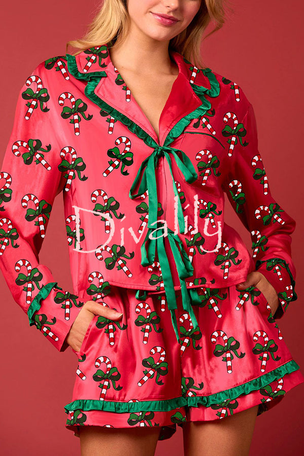 Christmas Holiday Print Bow Tie Long Sleeve and Elastic Waist Loose Shorts Set