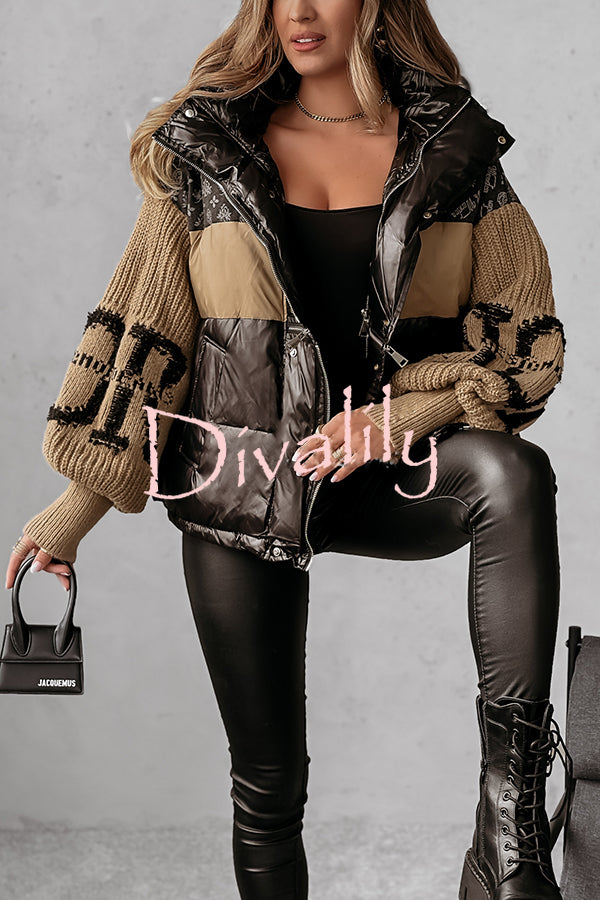 Stylish Denim Knit Long-sleeved Patchwork Hooded Pocket Thickened Jacket