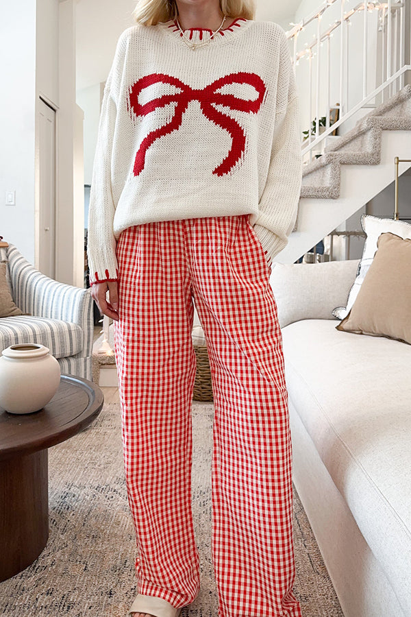 Christmas Bow Contrast Color Locked Edge Long Sleeve Knitted Sweater