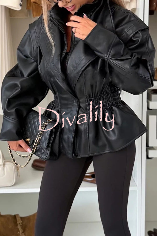 Play It Cool Faux Leather Single Button Elastic Waist Lapel Moto Jacket