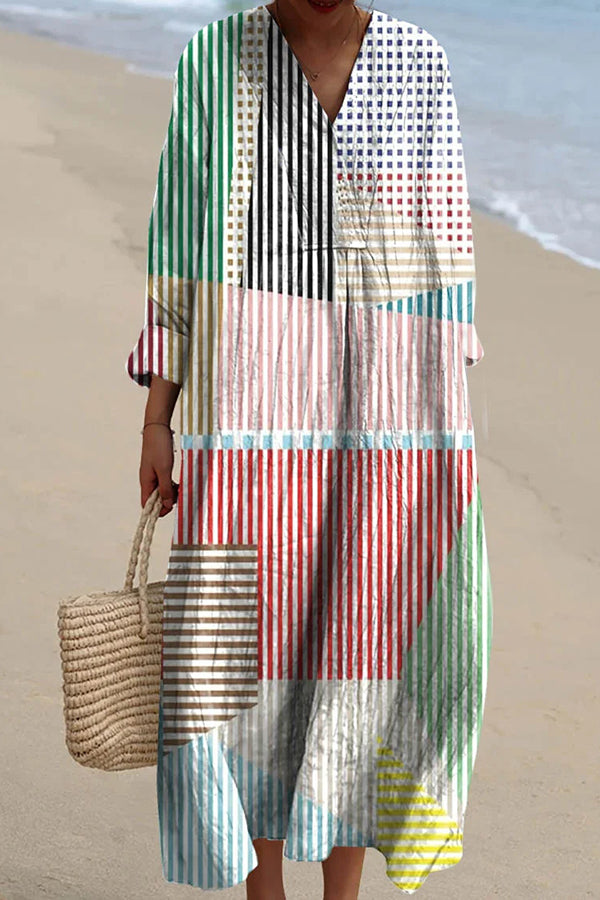 Striped Print V-Neck Long Sleeve Loose Midi Dress