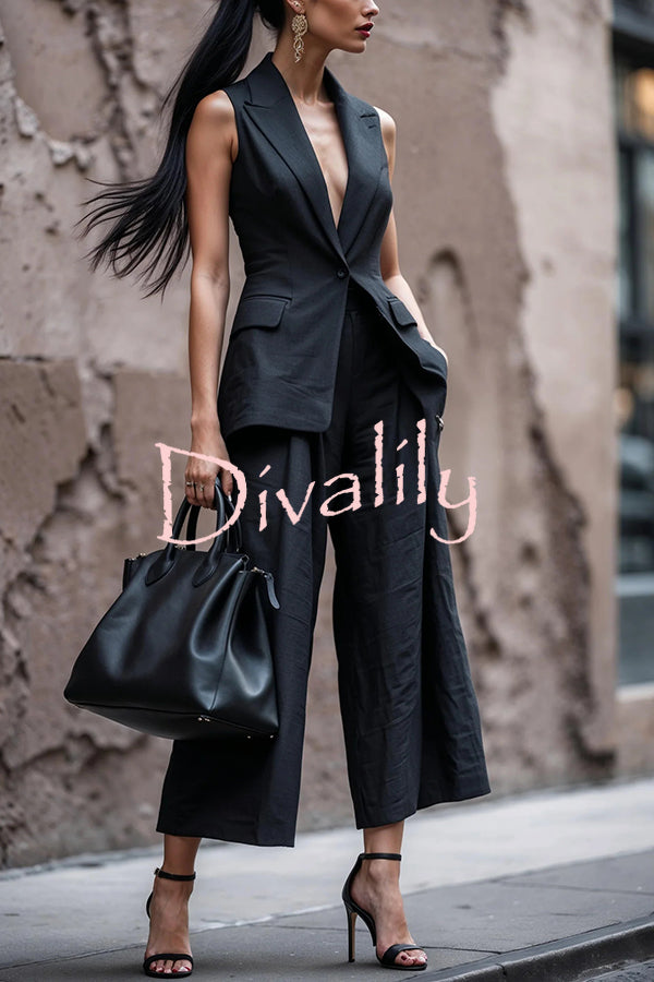 Fashion Sleeveless Lapel Suit Vest and Casual Pocket Straight Pants Set