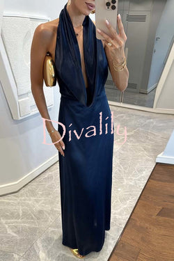 Elegant Dinner Satin Draped Cowl Neck Backless Maxi Dress