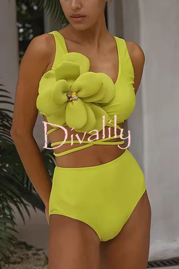 Solid Color Large Flower Decoration High Waist Elastic Two Piece Bikini Swimsuit