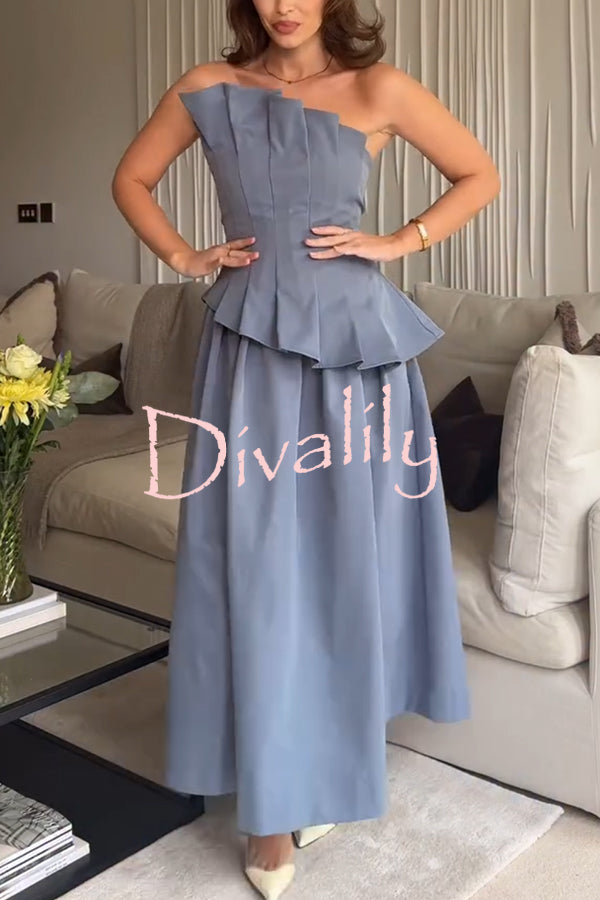 Fashionable Chic Off Shoulder Structured Pleat Corset A-line Midi Dress
