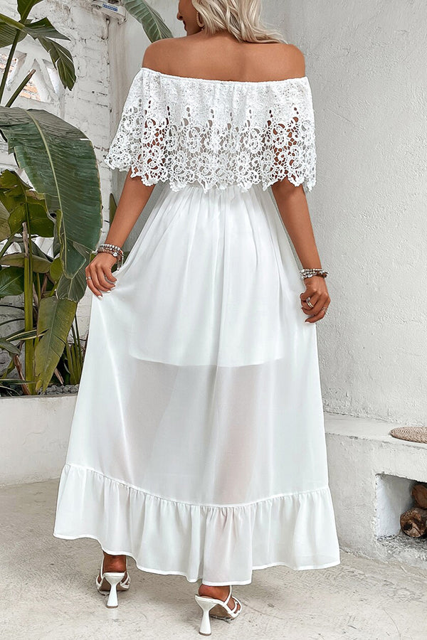 Solid Color Off-The-Shoulder Lace Panel Holiday Maxi Dress