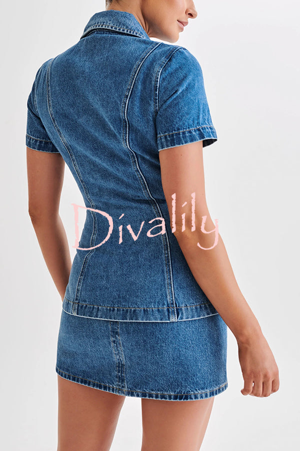 Modern Flavor Denim Short Sleeve Button Up Princess Seams Stretch Top