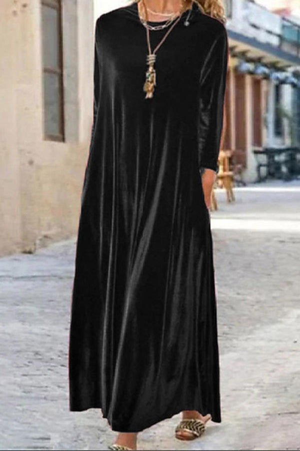 Solid Color Velvet Loose Round Neck Long Sleeve Midi Dress