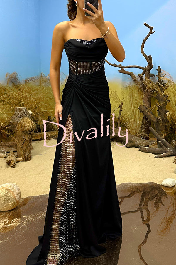 Essie Satin Rhinestone Patchwork Twist Waist Strapless Slit Maxi Dress