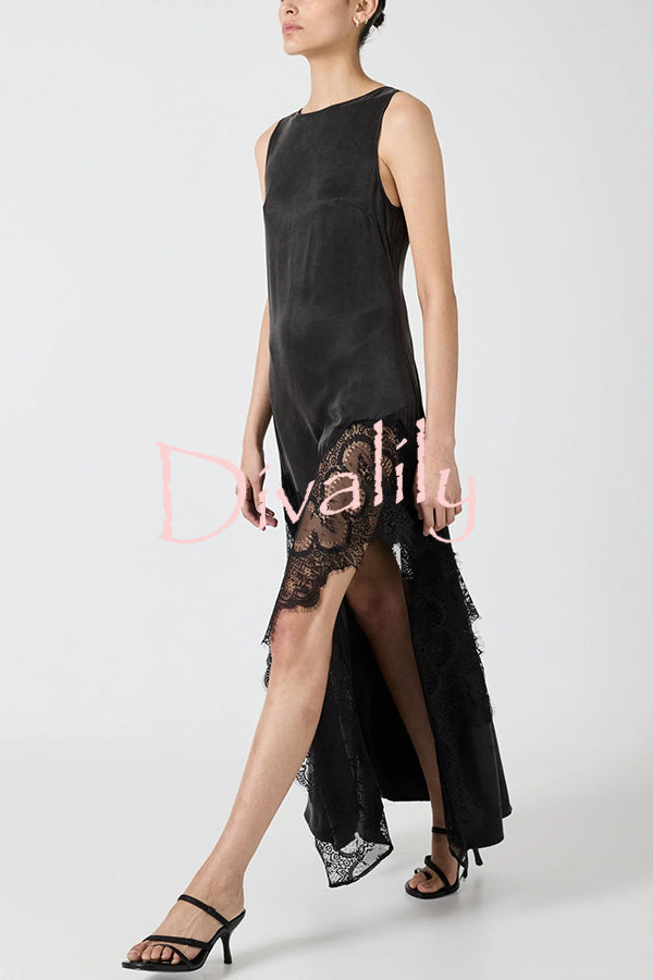 Pretty Soul Satin Lace Trim Wide Neck Irregular Hem Slit Maxi Dress