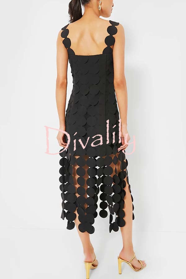 Best Dance Laser Cut Circle Embroidery Square Neck Tassle Trim Midi Dress
