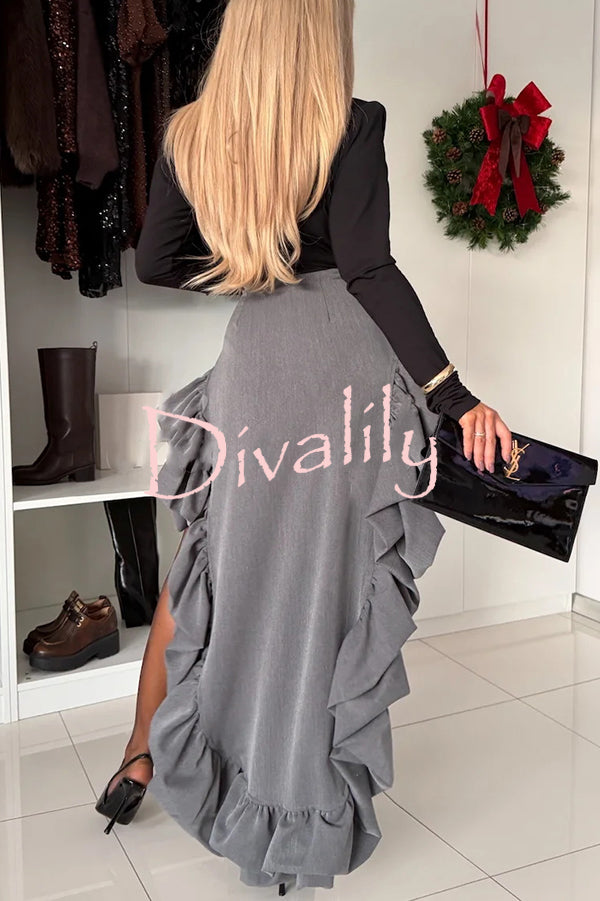 Toast To Midnight Solid Color High Rise Irregular Ruffled High Low Maxi Skirt
