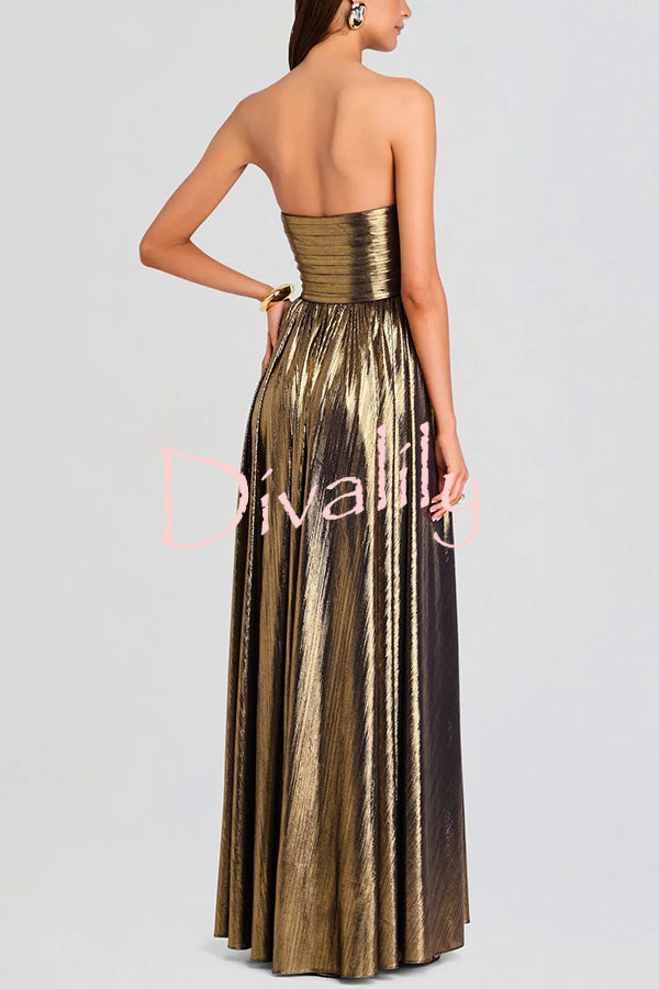 Goddess Temperament Metallic Pleated Fabric Off Shoulder Slit Maxi Dress
