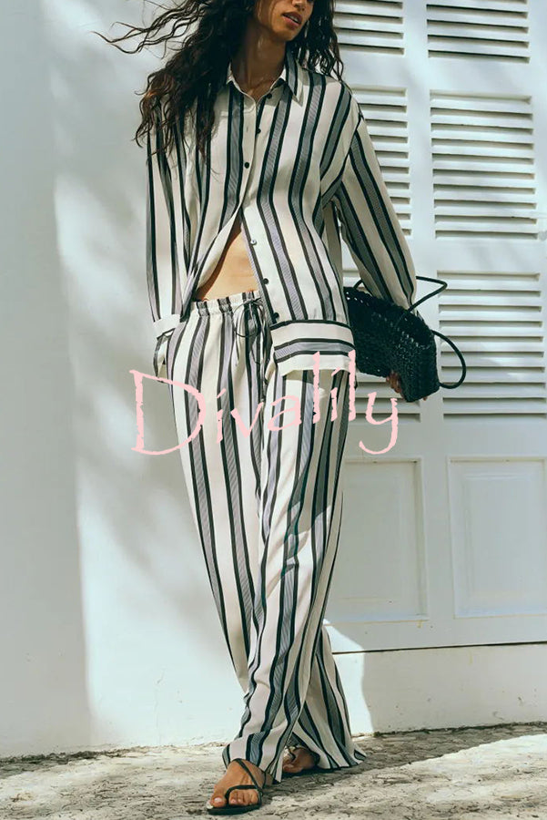 Lifetime of Happiness Striped Long Sleeve Loose Shirt and Elastic Waist Pocket Pants Set