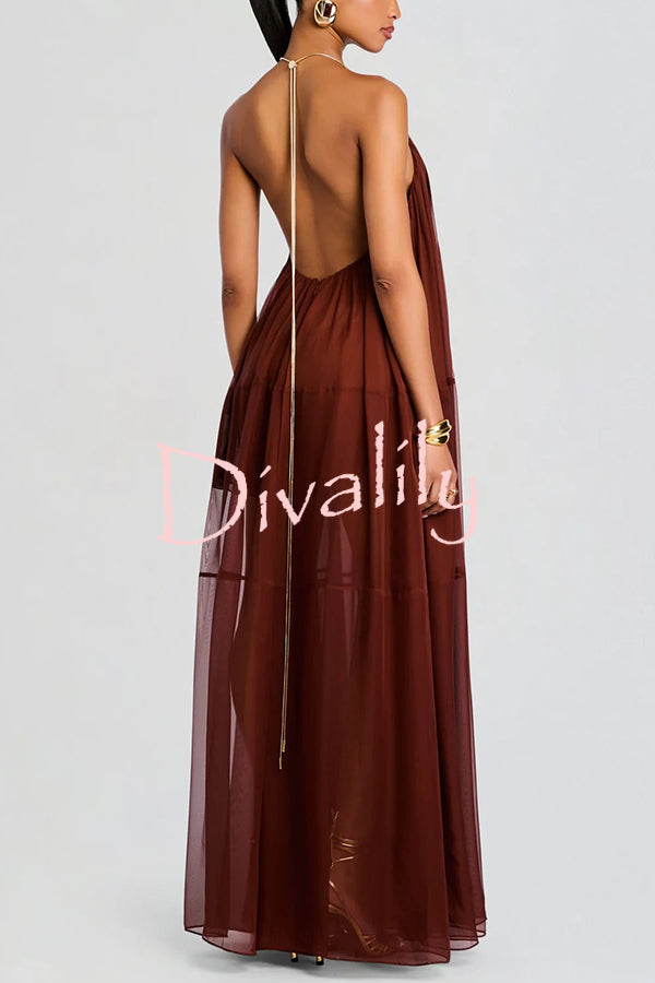 Flowing Lightweight Chiffon Chain Halter Neck Detail Backless A-line Maxi Dress