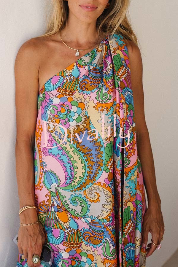 Rainbow Breeze Satin Unique Print Bow One Shoulder Loose Maxi Dress