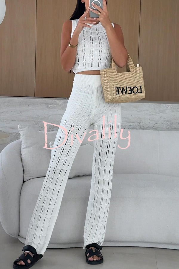 Solid Color Hollow Sleeveless Round Neck Knitted Vest and Stretch Casual Straight Pants Set