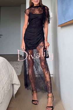 Romantic Statement Lace One Shoulder Bell Sleeve Asymmetrical Maxi Dress