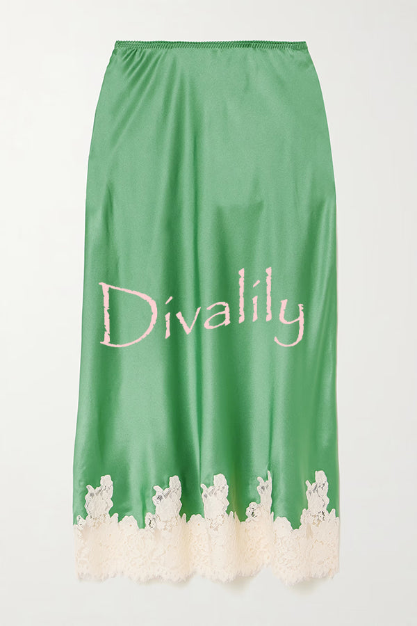 Celebration Look Contrast Color Satin Lace Trim Elastic Waist Drape Midi Skirt