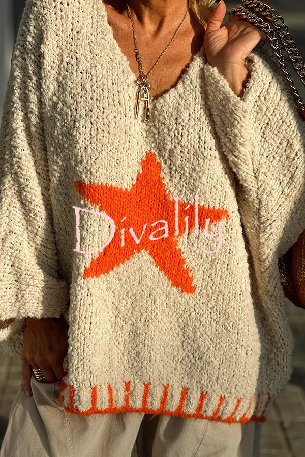 Warm Winter Day Texture Knit Star Pattern Contrast Color Loose Sweater