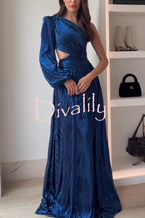 Dazzling Night Metallic Pleated One Shoulder Cutout Balloon Sleeve Gown Maxi Dress