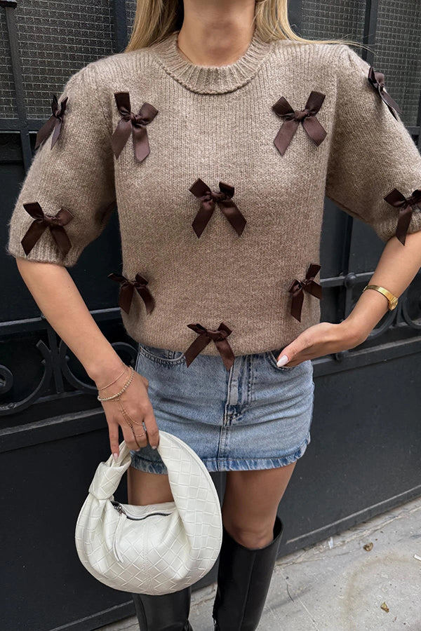 Stylish Bow Decoration Round Neck Puff Sleeve Casual Knit Sweater
