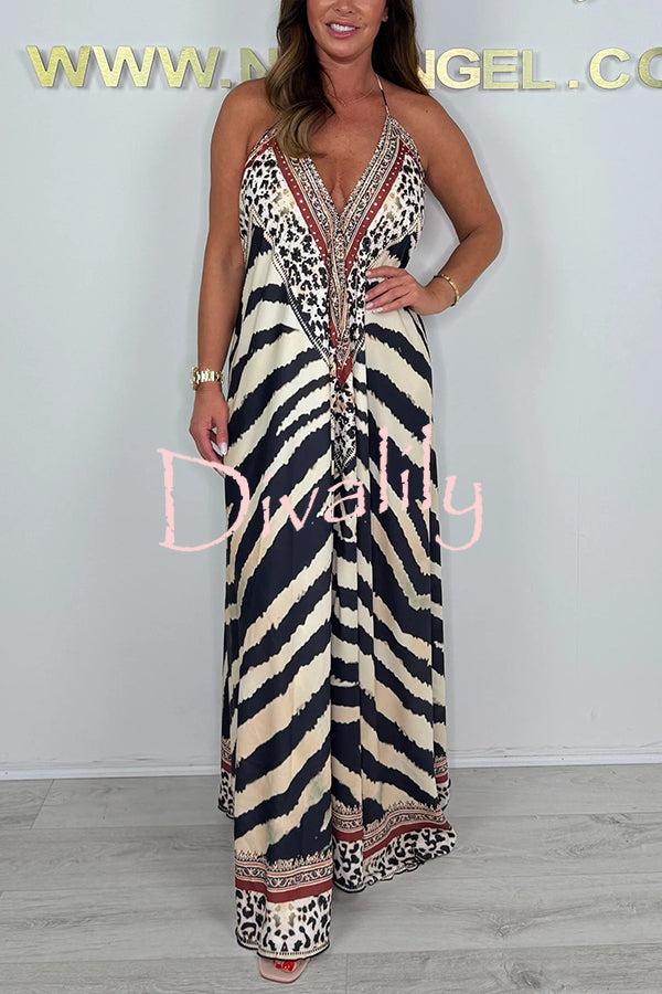 Unique Print V-neck Open Back Loose Maxi Dress