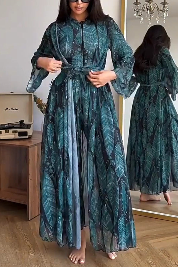 Unique Print One-piece Swimsuit and Cardigan and High Rise Pants Three-piece Set