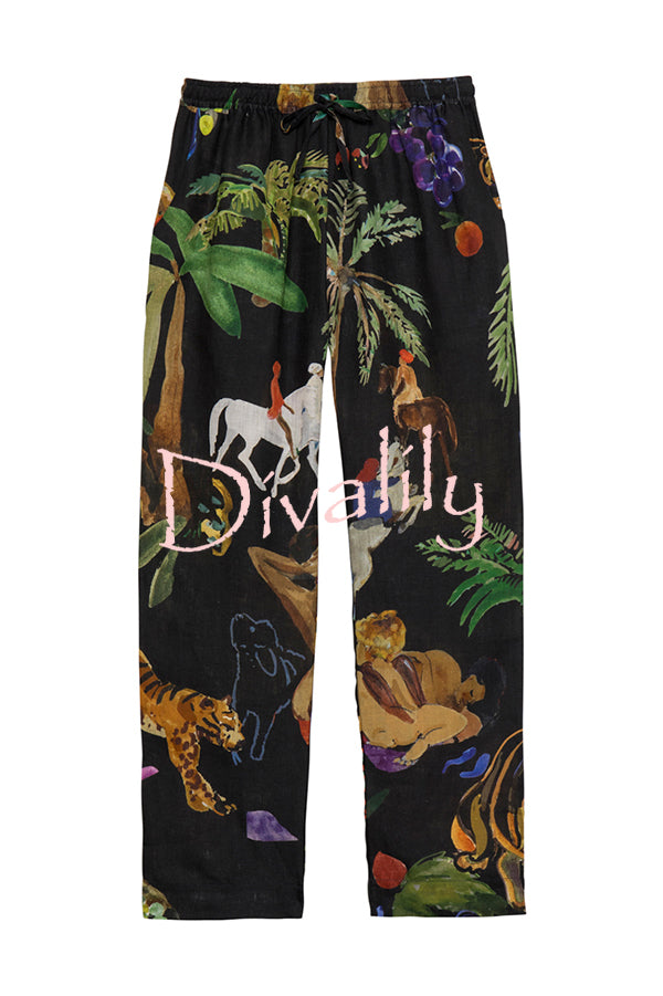 Unique Print Lapel Long Sleeve Loose Shirt and Elastic Waist Pocket Wide Leg Pants Set