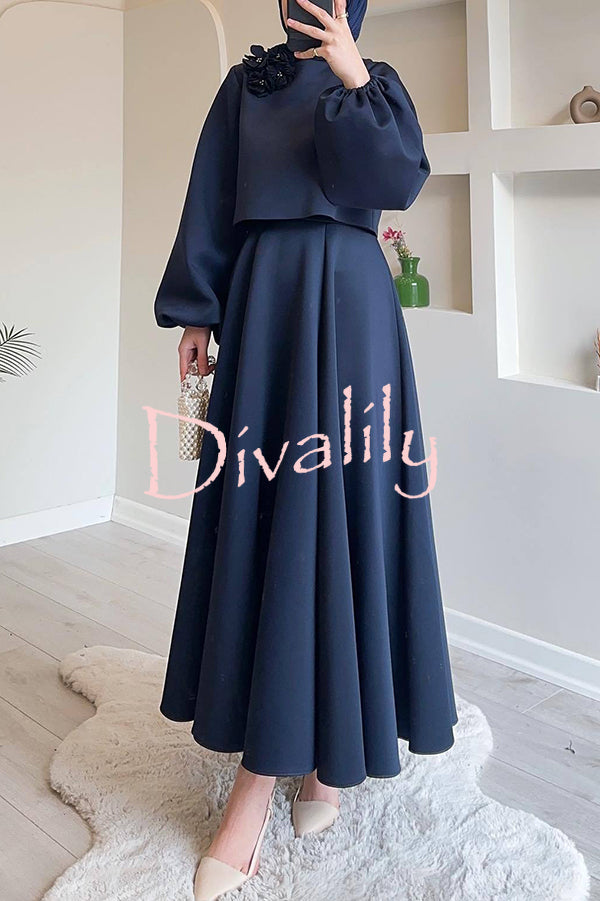 Solid Color Flower-embellished Lantern Sleeve Loose Top and Casual Maxi Skirt Set