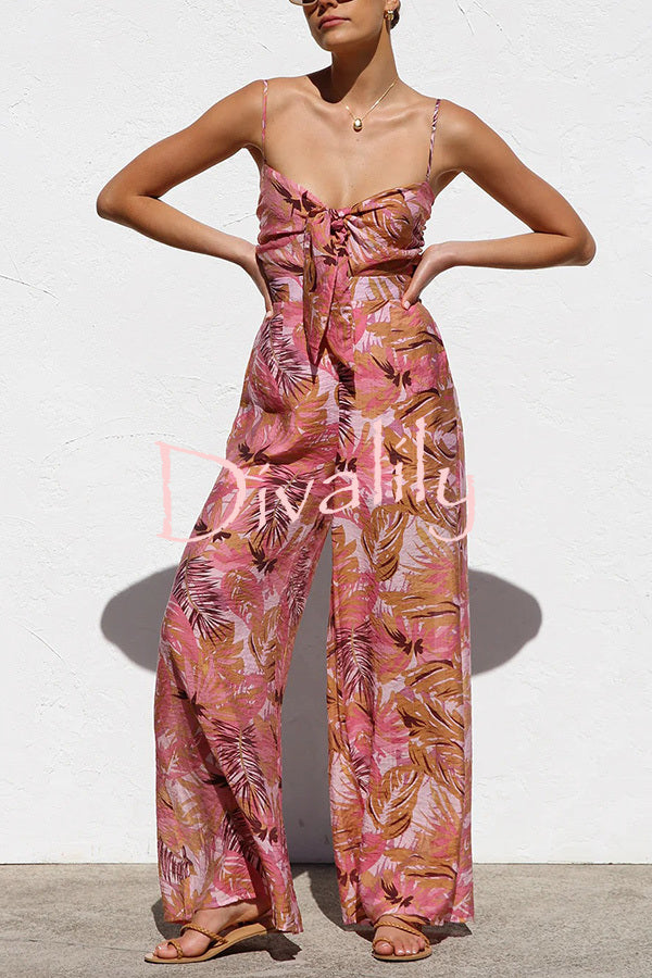 Botanical Print Strappy Resort Style Wide-leg Pants Jumpsuit