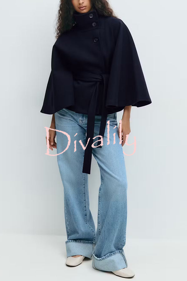 Fashionable Stand Collar Button Waist Tie Loose Cape