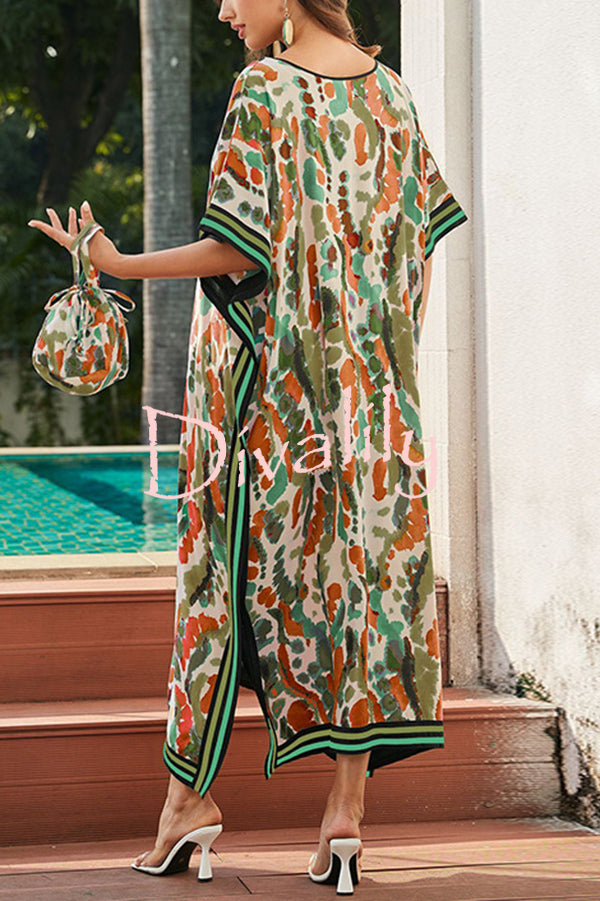 Unique Tie-dye Print V-neck Loose Holiday Cover-up Maxi Dress