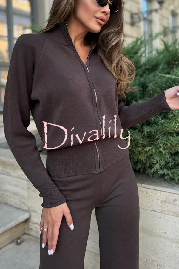 Cozycore Knit Zipper Long Sleeve Cardigan and Stretch Wide Leg Pants Set