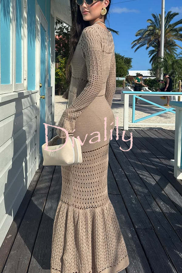 Ellora Knit Hollow Texture Tie-up Long Sleeve Fishtail Stretch Maxi Dress