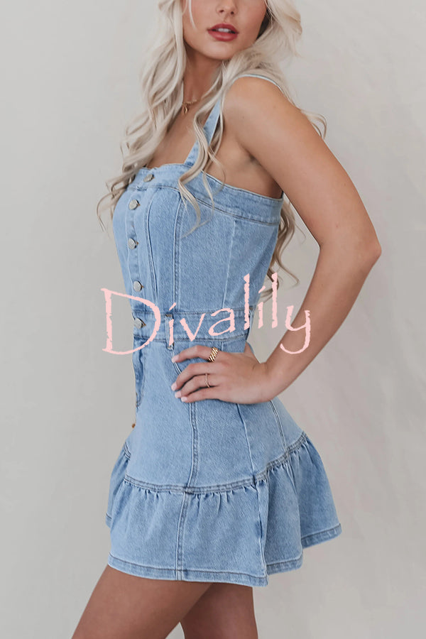 Solid Square Neck Suspender Button Pocket Denim Mini Dress