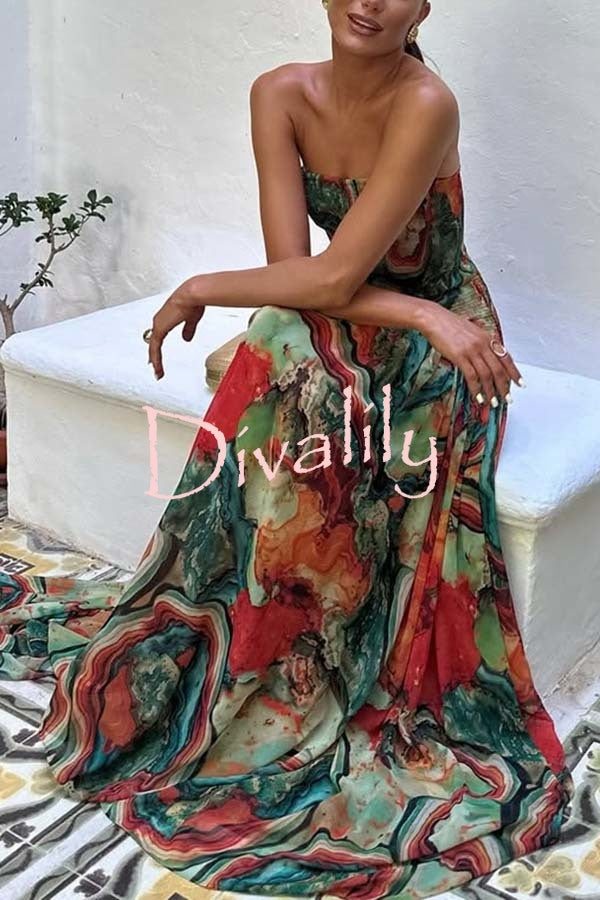 Vacay Vibes Colorful Lava Print Off Shoulder Smocked Scarf Maxi Dress