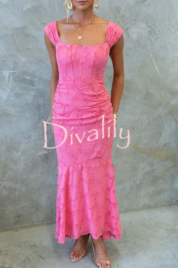 Unreal Beauty Floral Textured Material Ruched Fishtail Maxi Dress