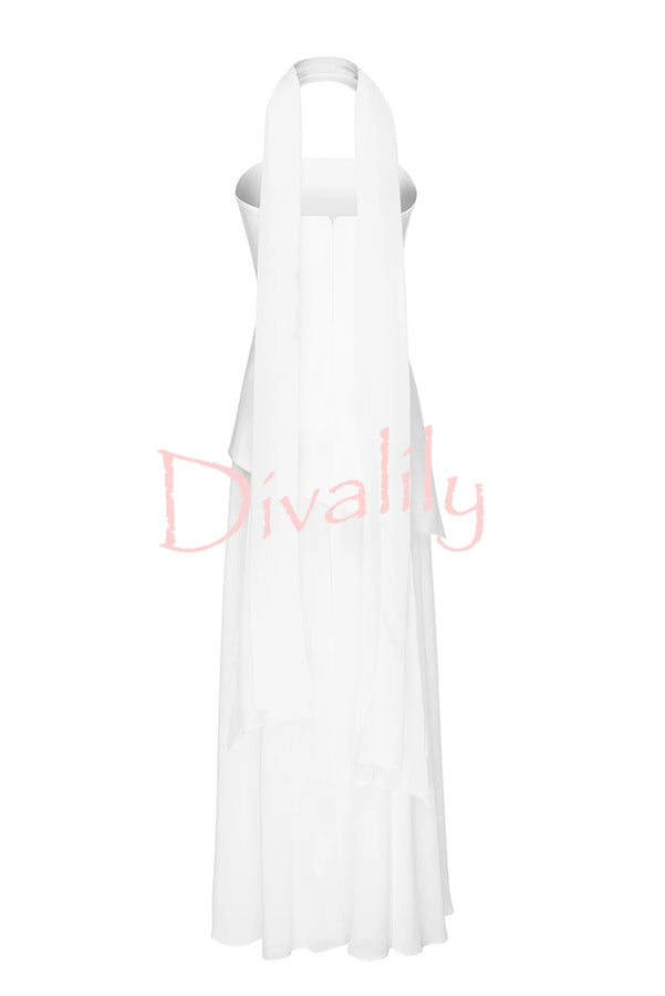 Monaco Off Shoulder Structured Top Chiffon Slit Hem Scarf Maxi Dress