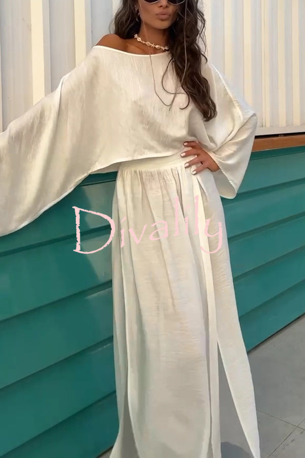 Seaside Leisure Linen Blend Solid Color Elastic Waist High Slit Maxi Skirt