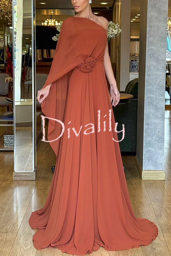 Iriena Chiffon One Shoulder Rose Decoration Waist Formal Maxi Dress