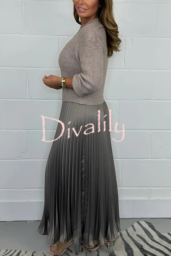 Stylish Knitted Round Neck Long Sleeve Patchwork Pleated Hem Maxi Dress