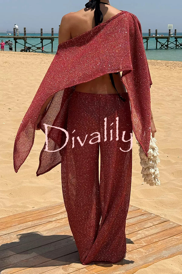 Vacation Knit Shiny Fabric Batwing Sleeve Cape Top and Cover-up Elastic Waist Loose Pants Set