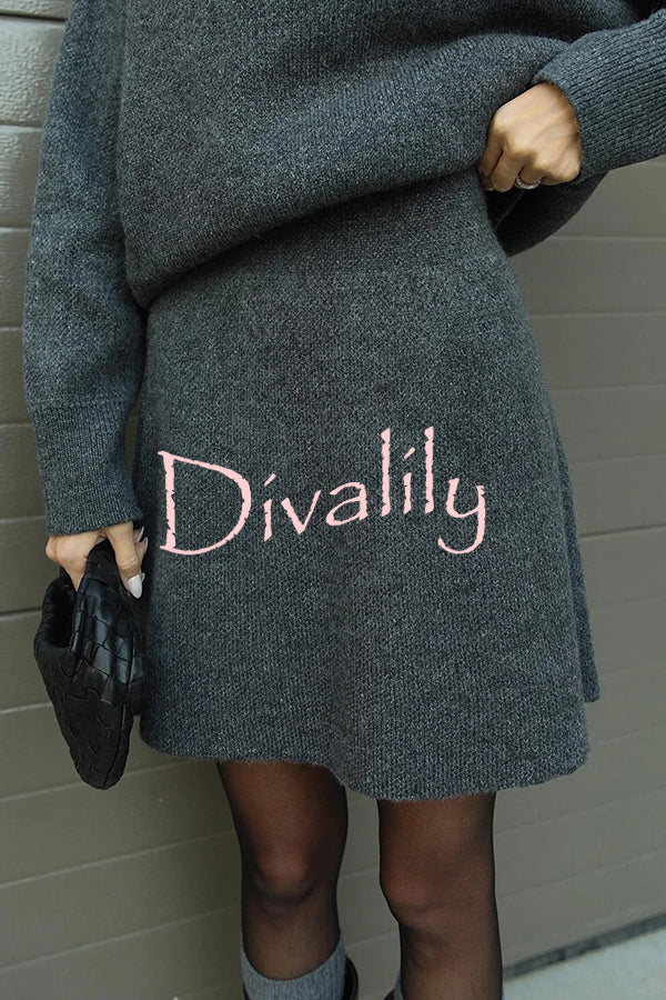 Solid Color Casual Preppy Knit Top and Knit Stretch Mini Skirt Set